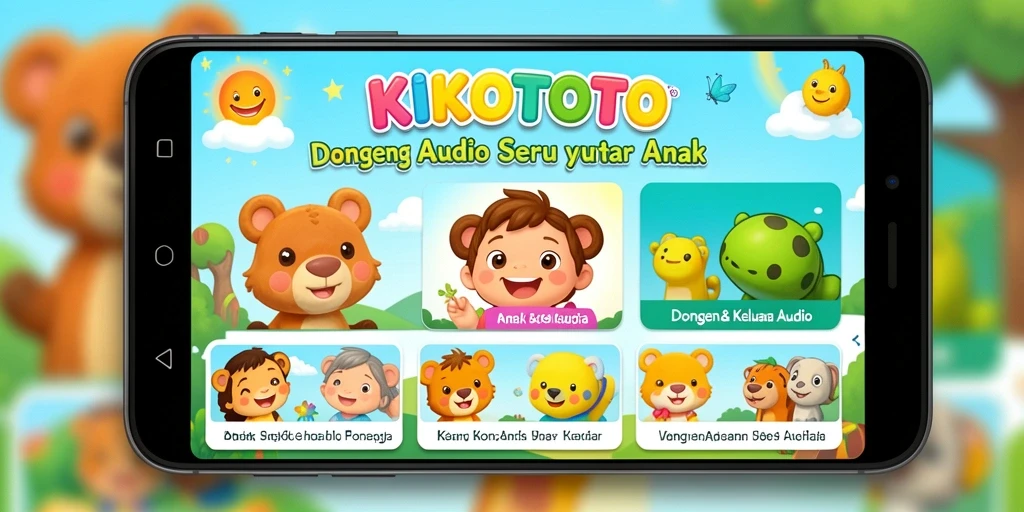 Screenshot utama KIKOTOTO menampilkan antarmuka aplikasi Dongeng Audio yang ramah anak.